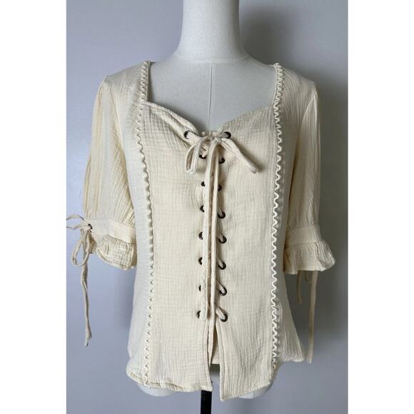 Scarlet Darkness Tops - SCARLET DARKNESS Cream Lace-up Tie-cuff Sleeves Size S Cottagecore Renaissance
